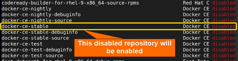 Showing the disabled repository with yum
