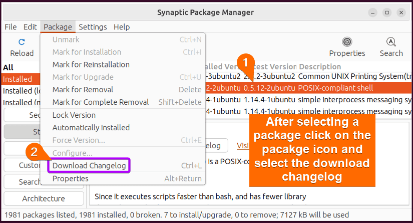 Download the changelog with synaptic package manager