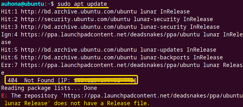 Shows '404 not found' or 'repository doesn't have release file' error while running sudo apt update command.