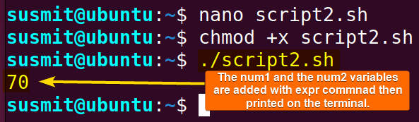 The expr command has done the addition of two bash variables then the echo command has printed it on the terminal.
