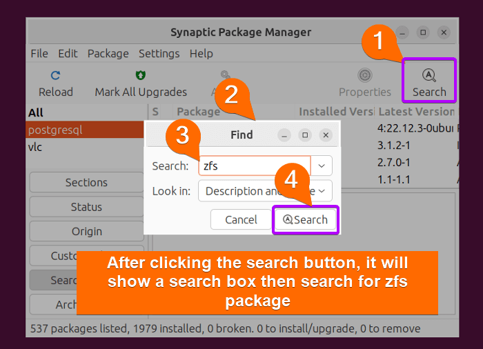 Search for a package with synaptic 