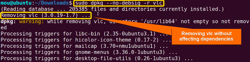 removing vlc package ignoring dependency check