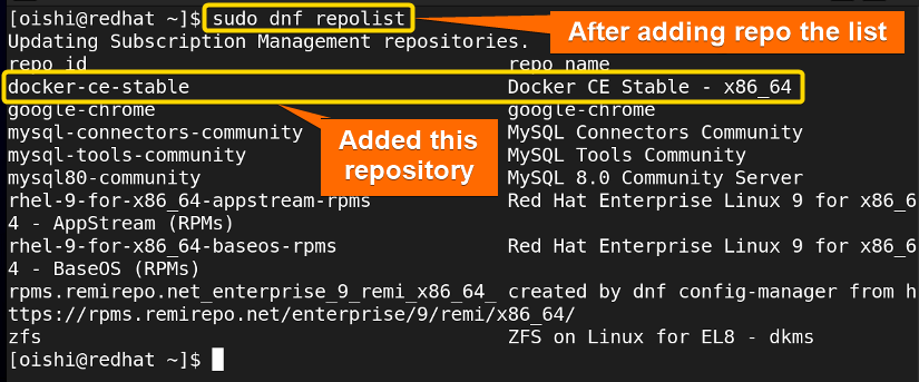 Showing the repo list after adding a new repository