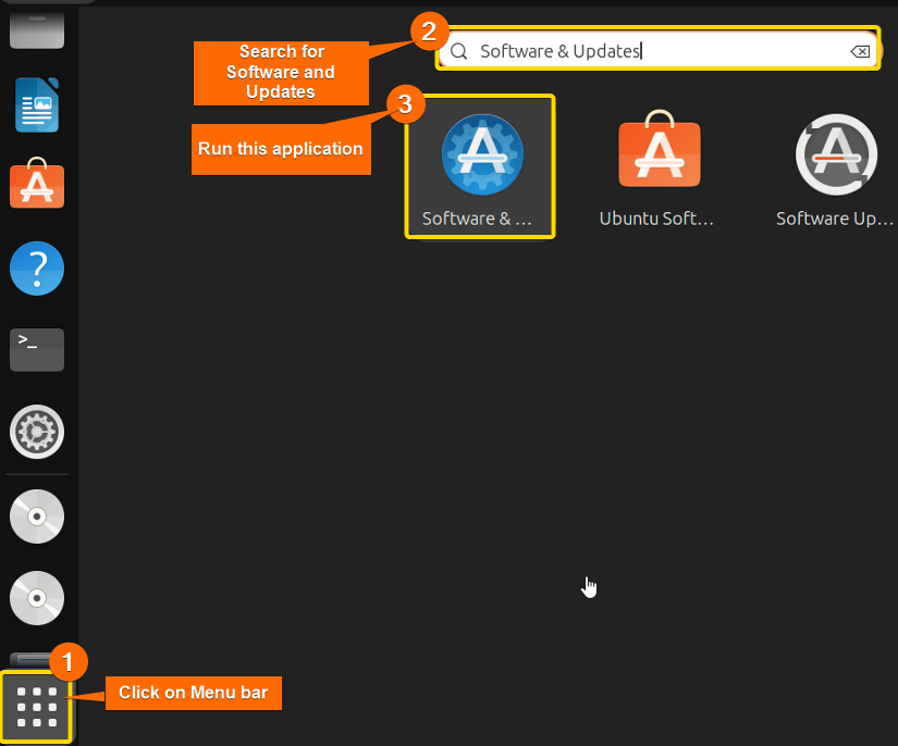 Searches the 'Software & Updates' application from the search bar of the menu.