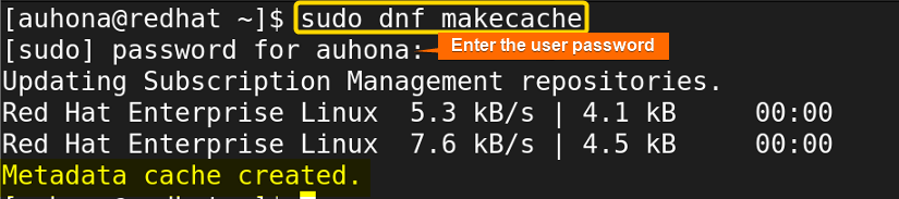 Updates the package repository metadata using sudo dnf makecache command