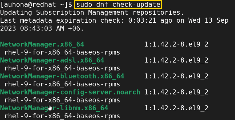Checks for the available updates in the repository using sudo dnf check-update command
