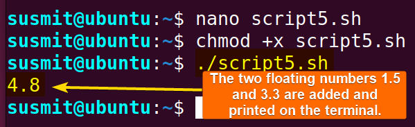 The awk command has added 1.5 and 3.3 and the echo command has printed the result on the terminal.