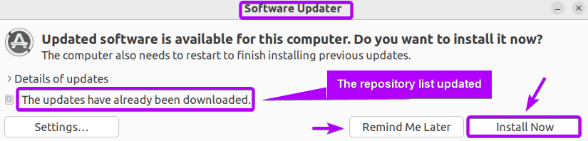 install now to update the ubuntu repository list via GUI