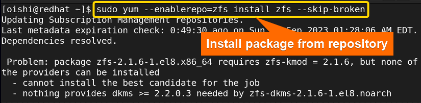 Install a package from repository with yum