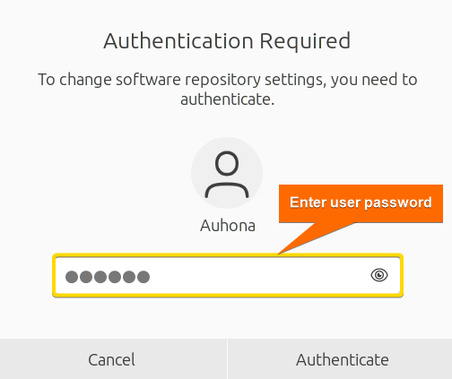 Asks for user password to authenticate identity.