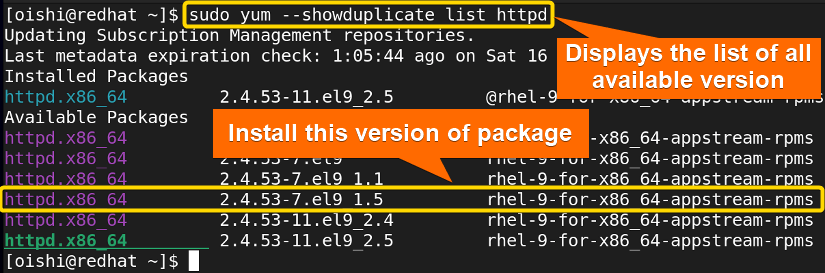 Show all the version of packages with yum 
