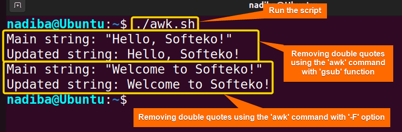 Output of removing double quotes using the 'awk' command in bash