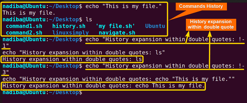 History expansion within double quotes