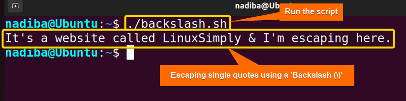 Output of escaping single quotes using a backslash