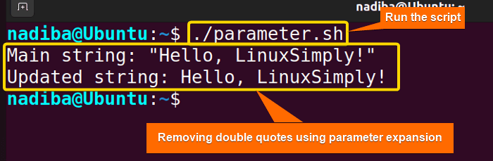 Output of removing double quotes using parameter expansion