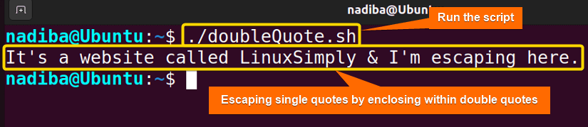 Output of escaping single quotes by enclosing within double quotes