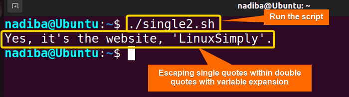 Output of escaping single quotes within double quotes with variable expansion