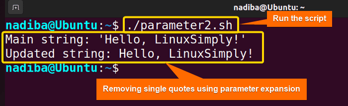 Output of removing single quotes using parameter expansion