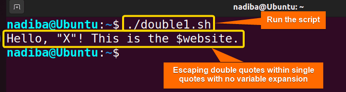 Output of escaping double quotes within single quotes with no variable expansion