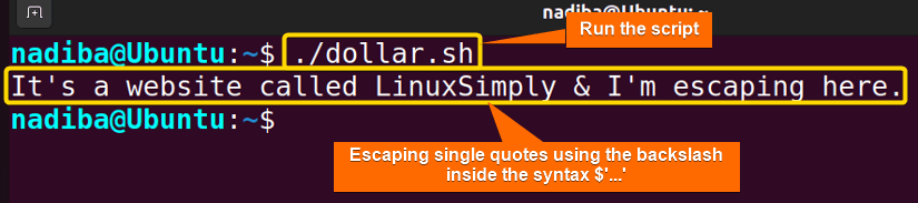 Output of escaping single quotes using backslash inside the syntax $'...'