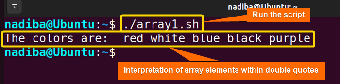 Output of interpretation of array elements within double quotes