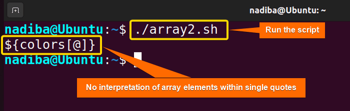 Output of no interpretation of array elements within single quotes