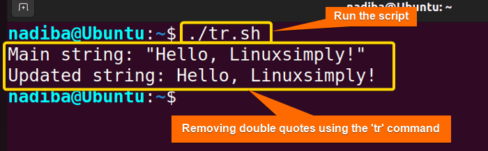Output of removing double quotes using the 'tr' command in bash