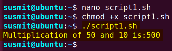 The bash script has multiplid the num1 and the num2 bash variables and printed the result on the terminal.