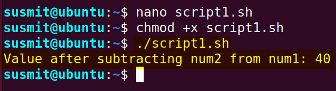 The Bash script has two variables and subtracted the num2 variable from the num1 variable and then printed the result on the terminal.