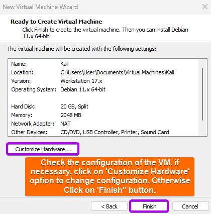 Check the configuration of the created VM and click on Finish.