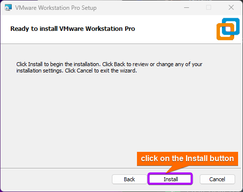 Pressing the install button, begin the virtual machine installation