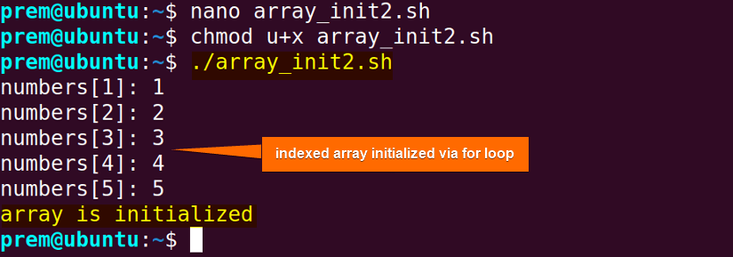 array declaration in bash with initialization using for loop.