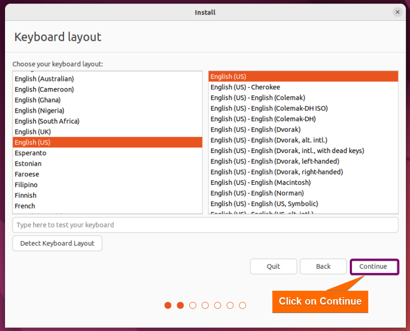 Select keyboard layout English US