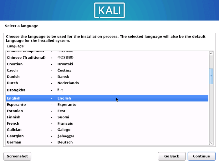 Selecting English as system language