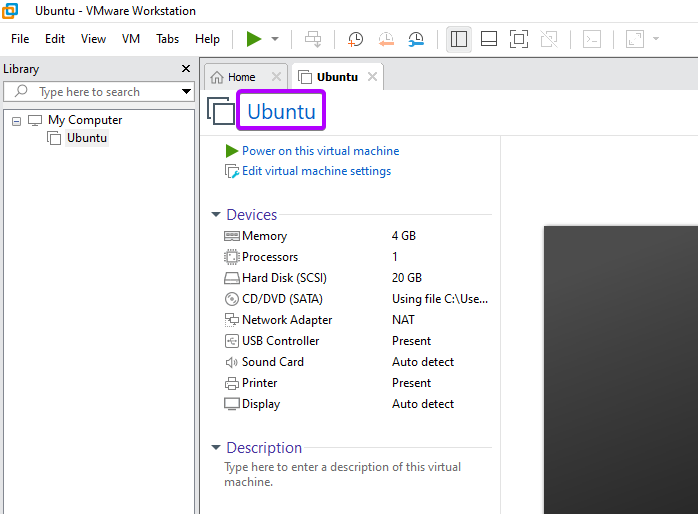 Shows the created virtual machine on VMware 