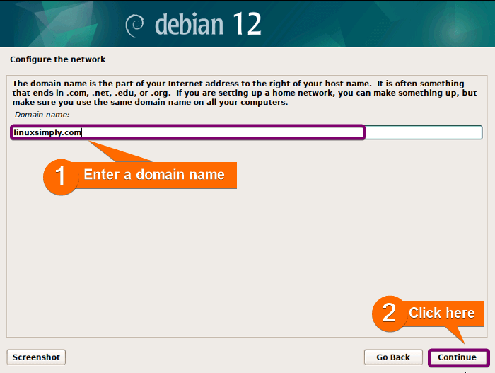 Entering linuxsimply.com as network domain name