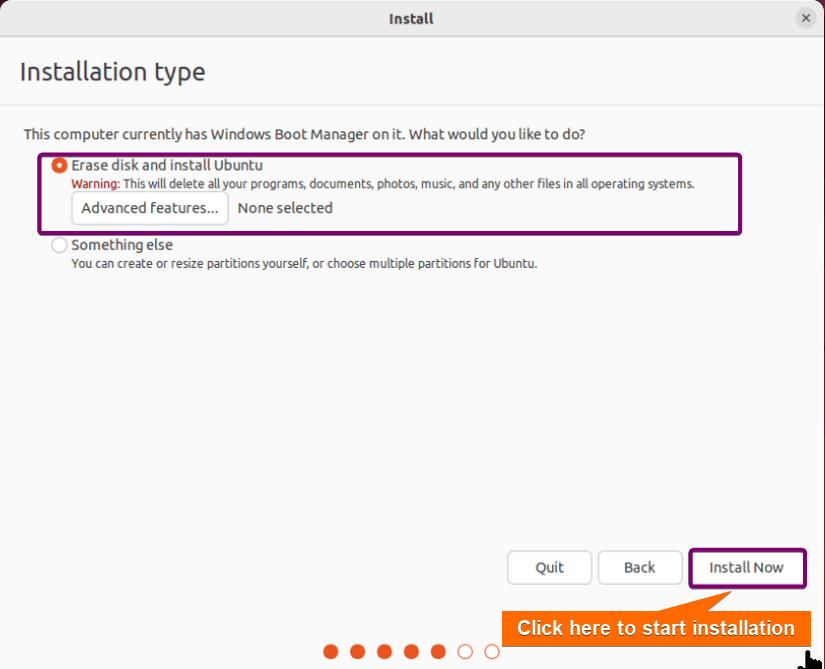 Set Erase disk and install Ubuntu