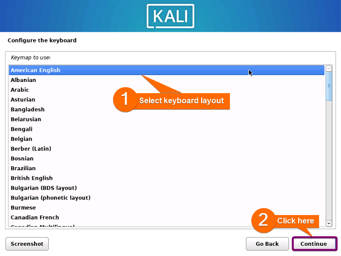 Selecting American English as keyboard layout