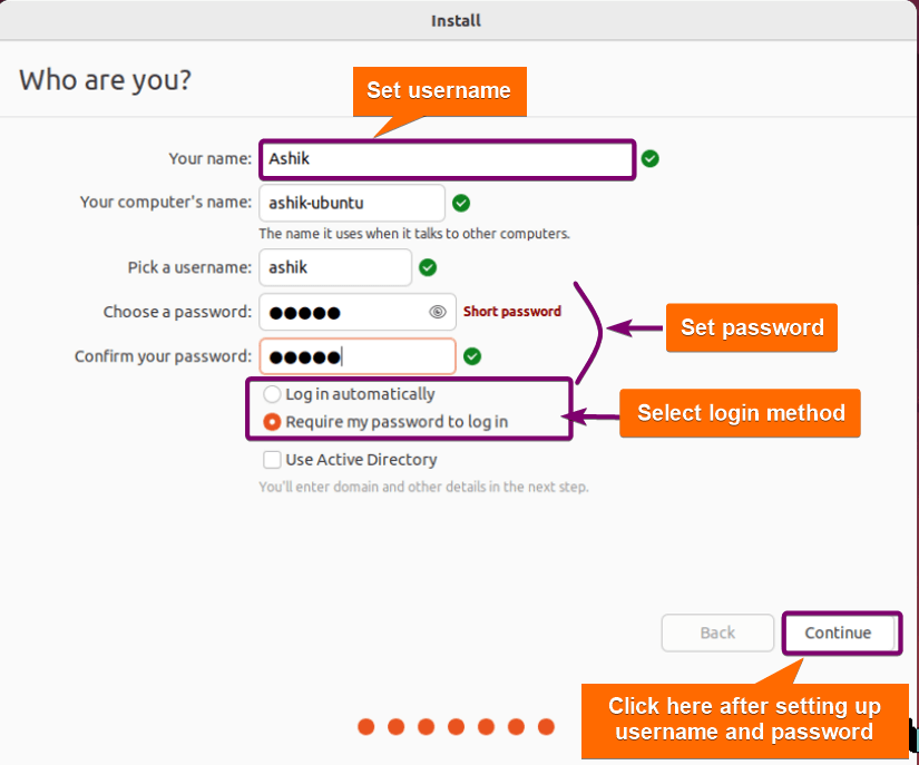 Setting up username and password