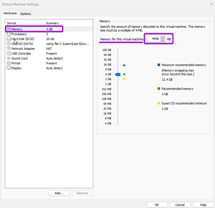 Set up the memory for virtual machine 4GB