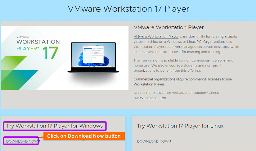 Download VMware Workstation player's .exe file from here.