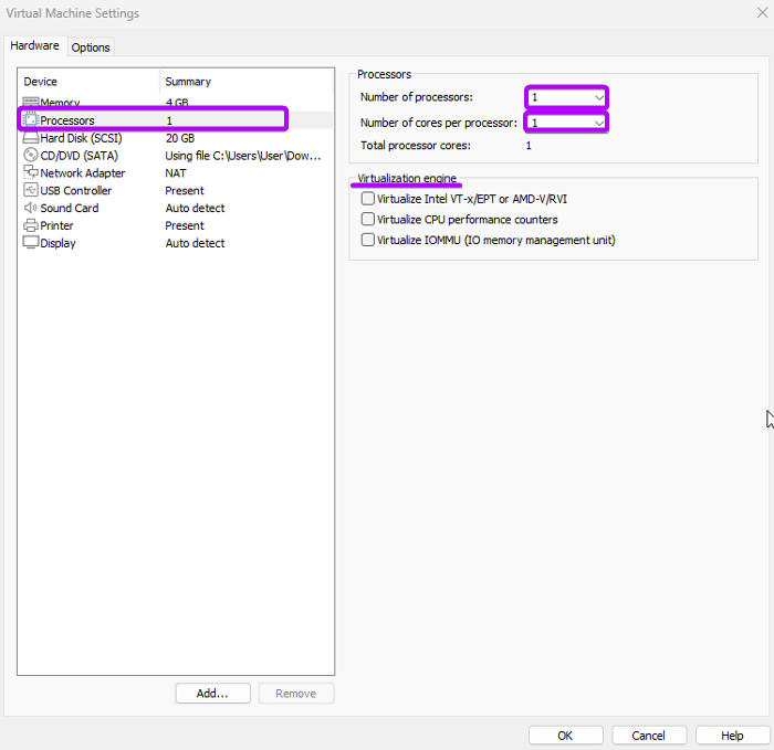 Now specify the processor and core processor for your virtual machine