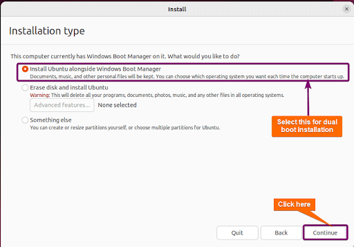 Selecting install Ubuntu alongside windows for dual boot