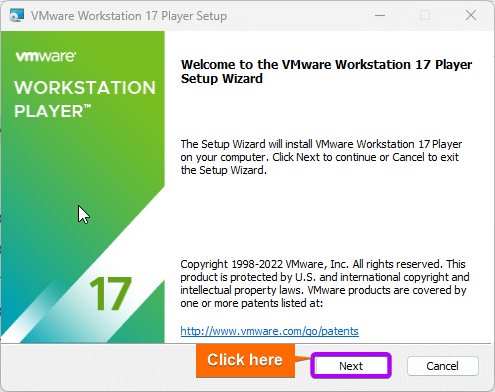 VMware player's setup wizard appears.