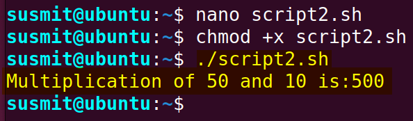 The bash script has multiplicated the num1 and the num2 variables utilizing the expr command and printed the result on the terminal.