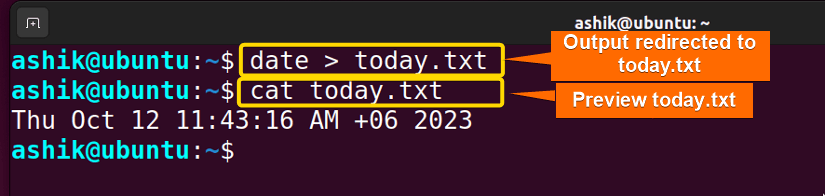 Pipe output of date command to a file today.txt
