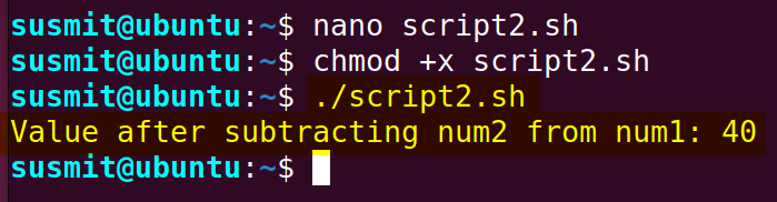 The bash script has two variables and subtracted the num2 variable from num1 variable utilizing the arithmetic expression and printed the result on the terminal.