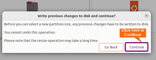Clicking on continue to confirm partitioning
