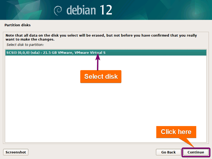 selecting disk for partitioning