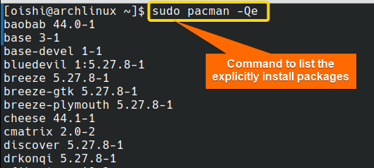 List of explicitly installed packages with pacman
